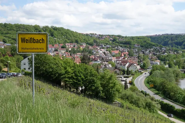 Ortsschild von Weißbach, im Hintergrund der Ort